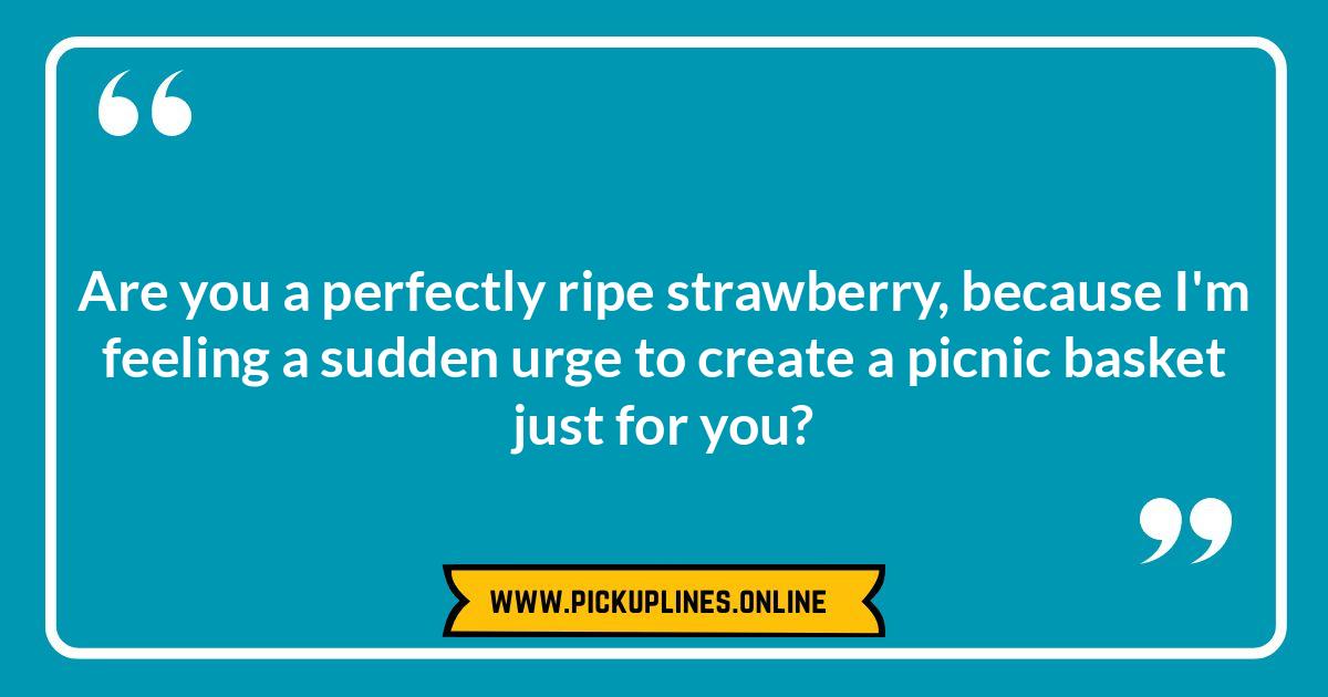 Pick of the Patch: The Most Hilariously Cheesy Strawberry Pick Up Lines A cartoon strawberry winking. Funny cheesy strawberry pick up lines for berry sweet flirting and strawberry seduction.