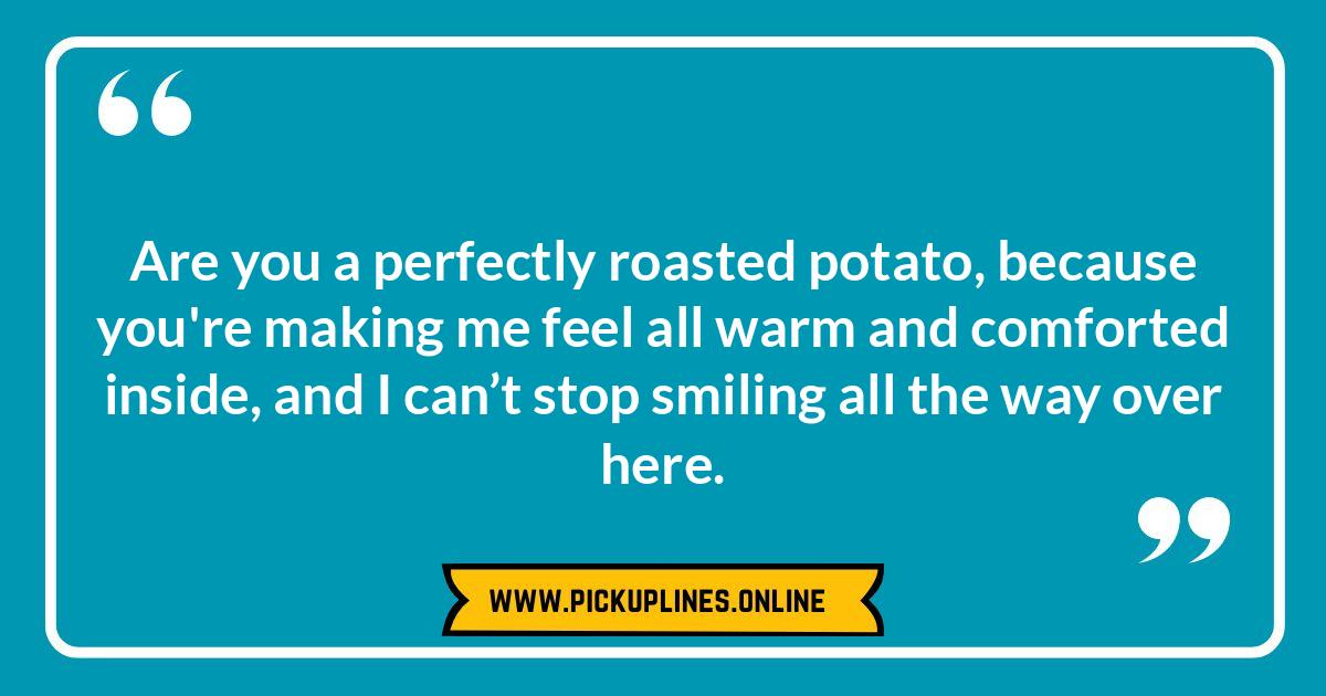 You're the Sweet Potato to My Savory: Unique and Endearing Potato Pick Up Lines Funny cheesy potato pick up lines. Humorous dating with spuds, including classic, witty, daring, romantic, creative, modern, playful, and unique potato puns.
